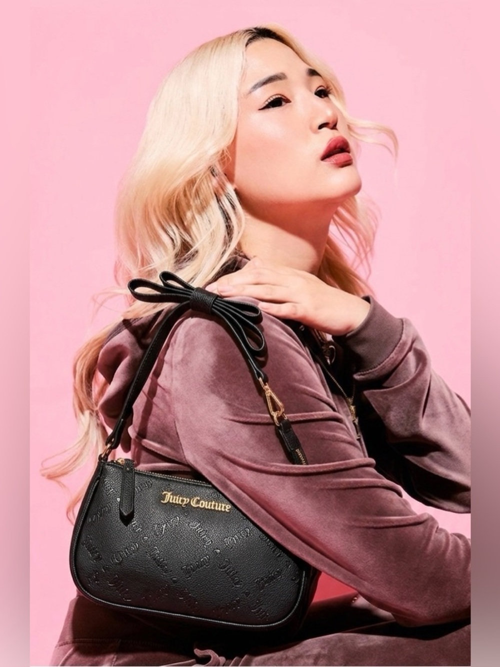 Juicy Couture Miss Bow Monogram Debossed Faux Leather Handbag Wristlet